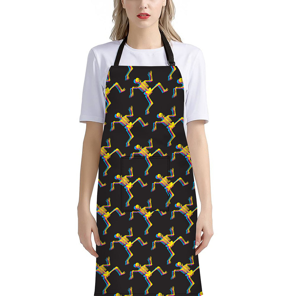Trippy Dancing Skeleton Pattern Print Bib Apron With Pocket