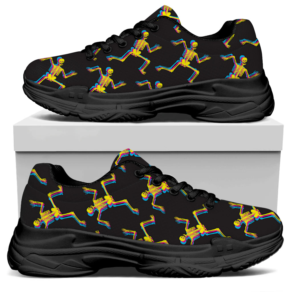 Trippy Dancing Skeleton Pattern Print Black Chunky Shoes
