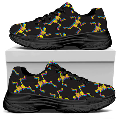 Trippy Dancing Skeleton Pattern Print Black Chunky Shoes