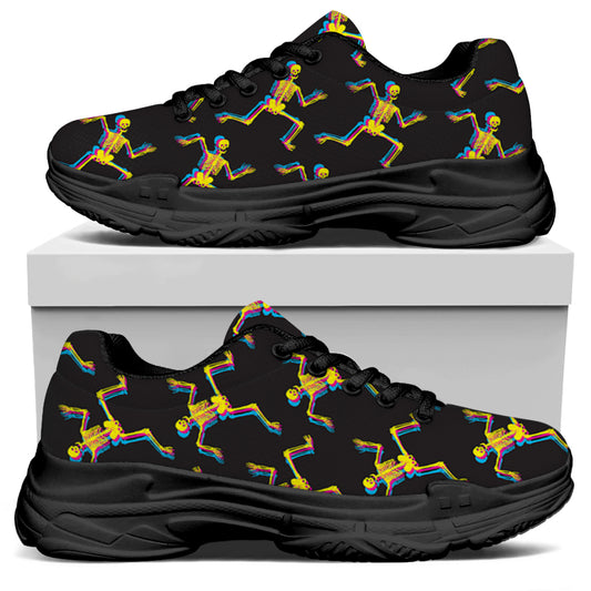 Trippy Dancing Skeleton Pattern Print Black Chunky Shoes