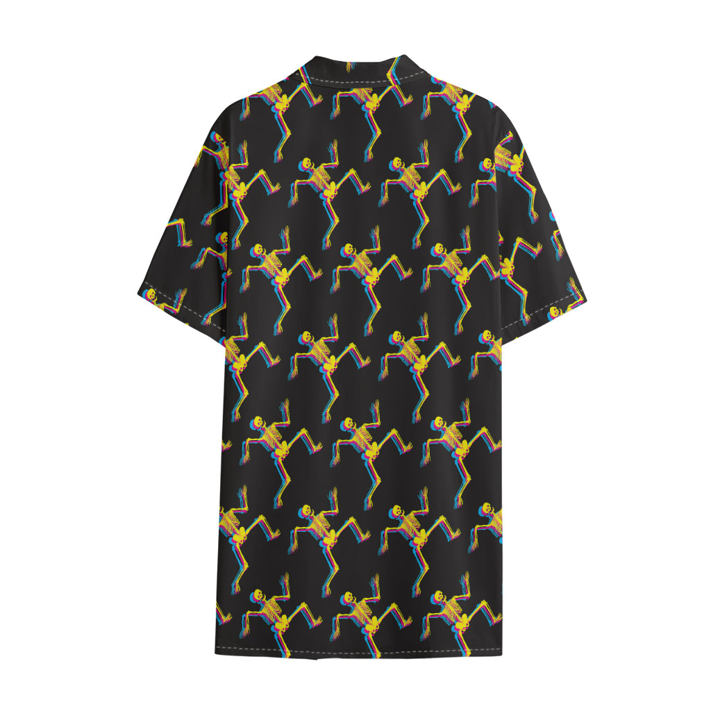 Trippy Dancing Skeleton Pattern Print Cotton Hawaiian Shirt