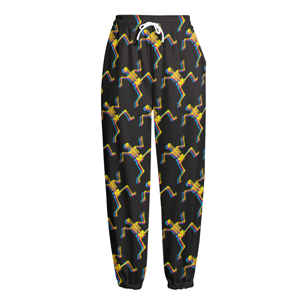 Trippy Dancing Skeleton Pattern Print Fleece Lined Knit Pants