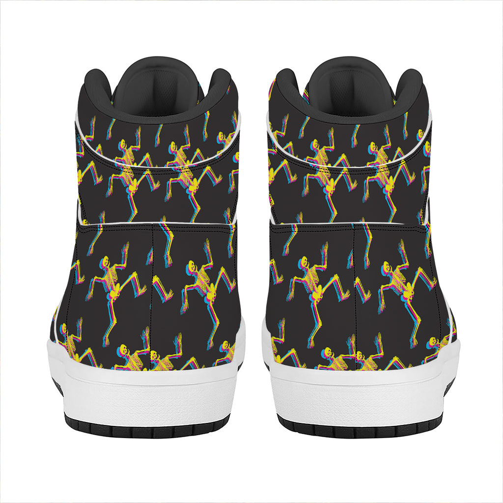 Trippy Dancing Skeleton Pattern Print High Top Leather Sneakers