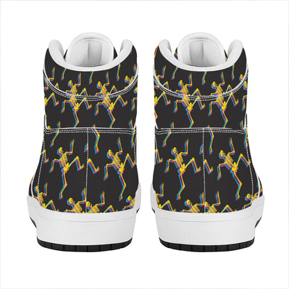 Trippy Dancing Skeleton Pattern Print High Top Leather Sneakers