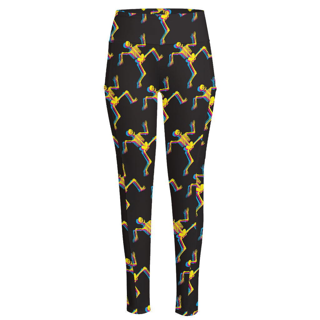 Trippy Dancing Skeleton Pattern Print High-Waisted Pocket Leggings