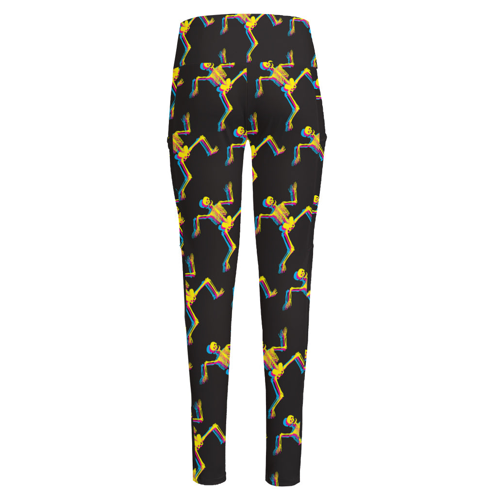 Trippy Dancing Skeleton Pattern Print High-Waisted Pocket Leggings