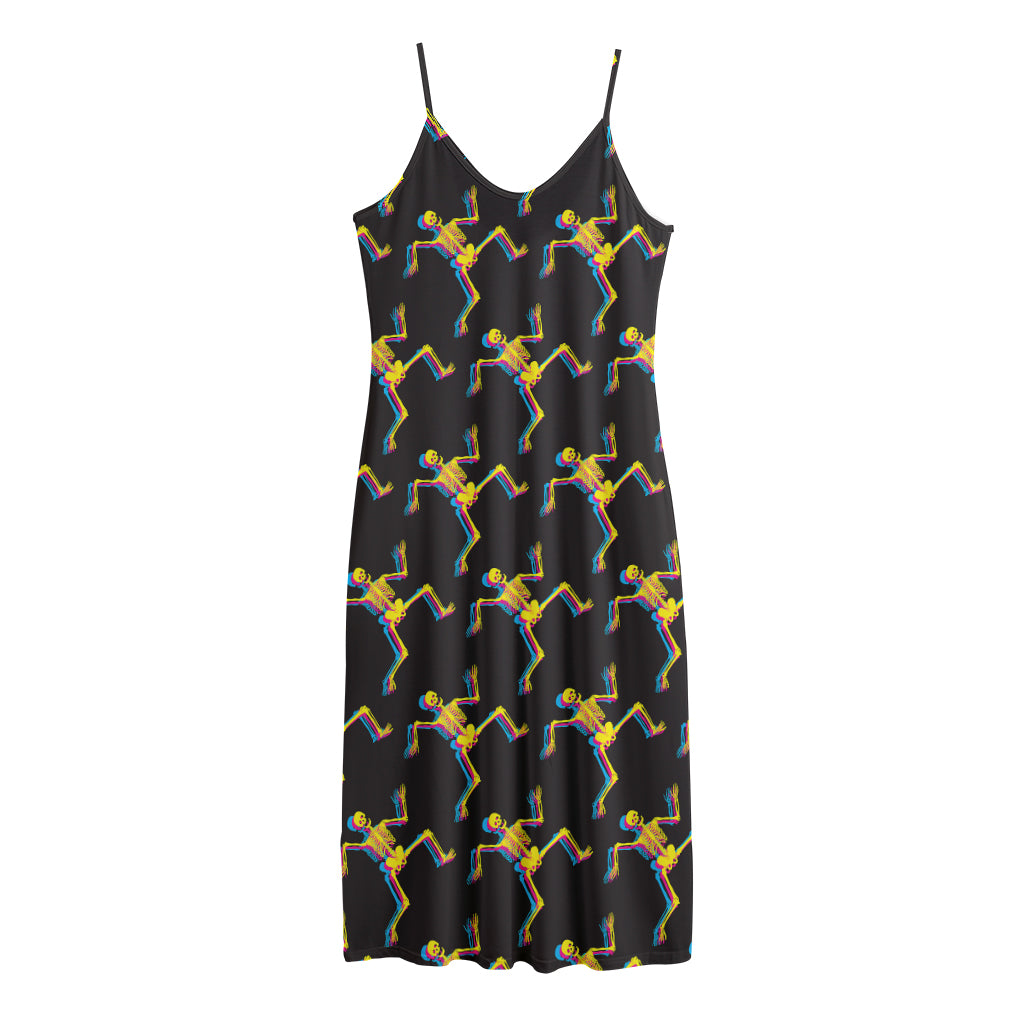 Trippy Dancing Skeleton Pattern Print Jersey Midi Cami Dress