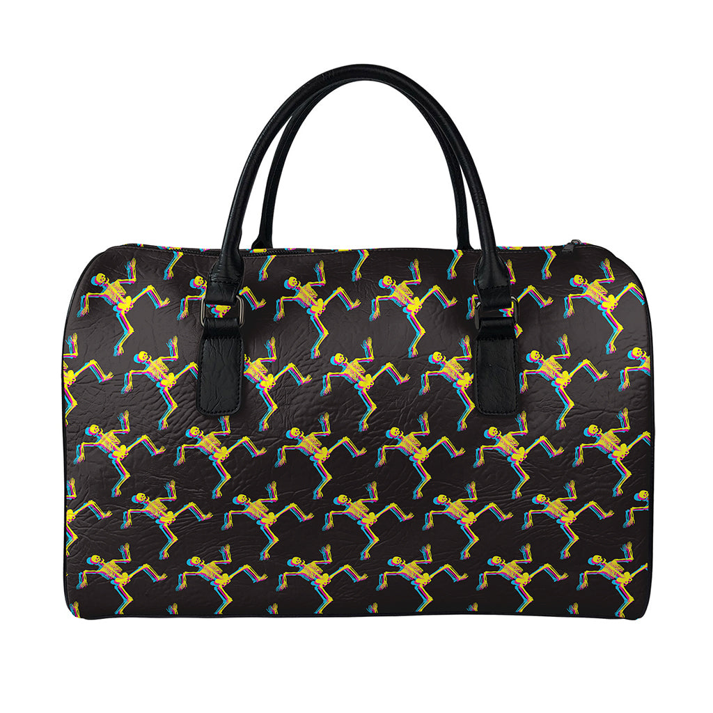 Trippy Dancing Skeleton Pattern Print Leather Duffle Bag