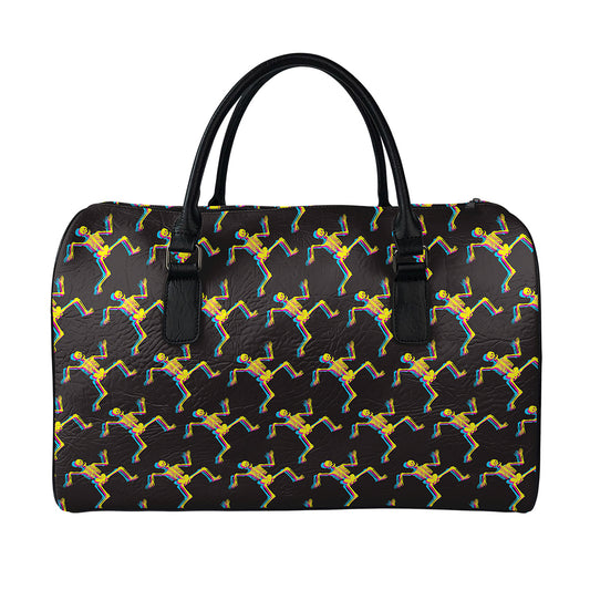 Trippy Dancing Skeleton Pattern Print Leather Duffle Bag