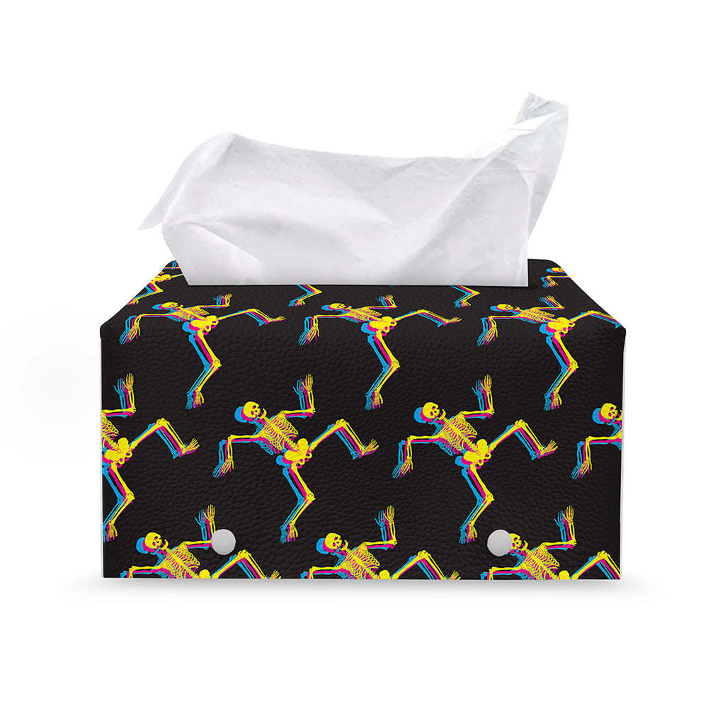 Trippy Dancing Skeleton Pattern Print Leather Tissue Box Cover