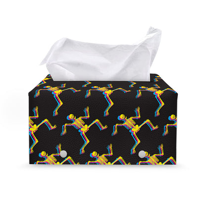 Trippy Dancing Skeleton Pattern Print Leather Tissue Box Cover