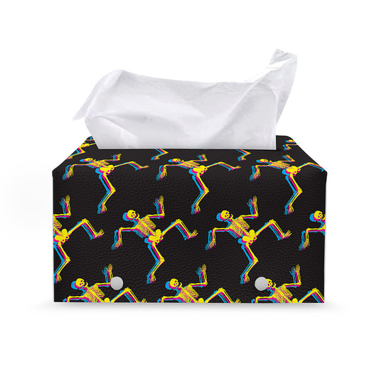 Trippy Dancing Skeleton Pattern Print Leather Tissue Box Cover