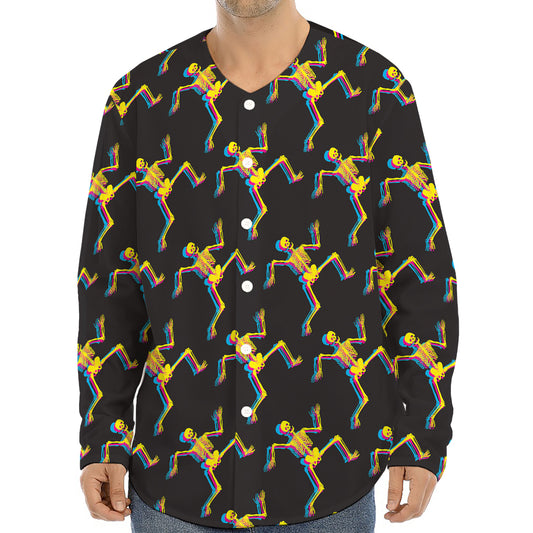 Trippy Dancing Skeleton Pattern Print Long Sleeve Baseball Jersey