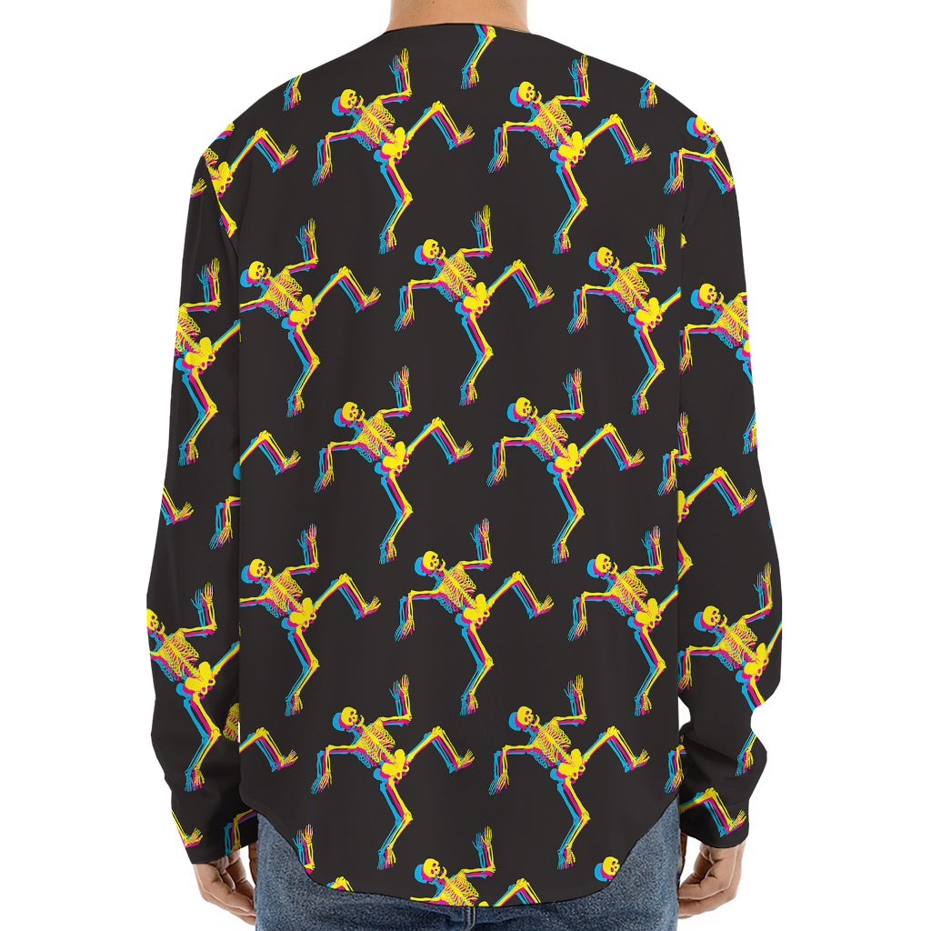 Trippy Dancing Skeleton Pattern Print Long Sleeve Baseball Jersey