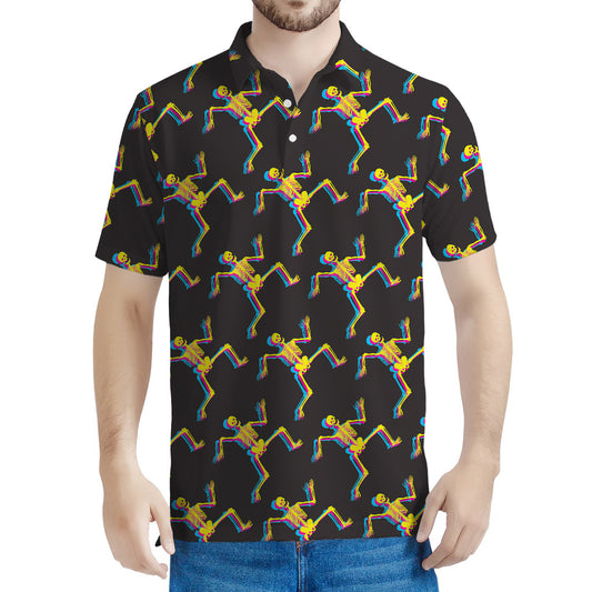 Trippy Dancing Skeleton Pattern Print Men's Polo Shirt