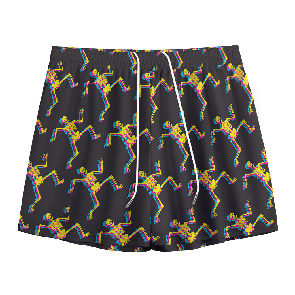 Trippy Dancing Skeleton Pattern Print Mesh Shorts