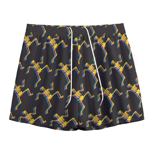 Trippy Dancing Skeleton Pattern Print Mesh Shorts