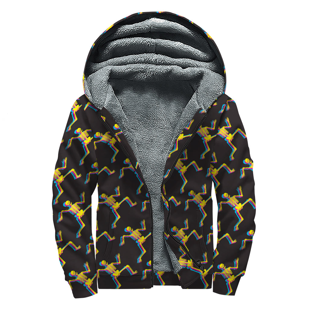 Trippy Dancing Skeleton Pattern Print Sherpa Lined Zip Up Hoodie