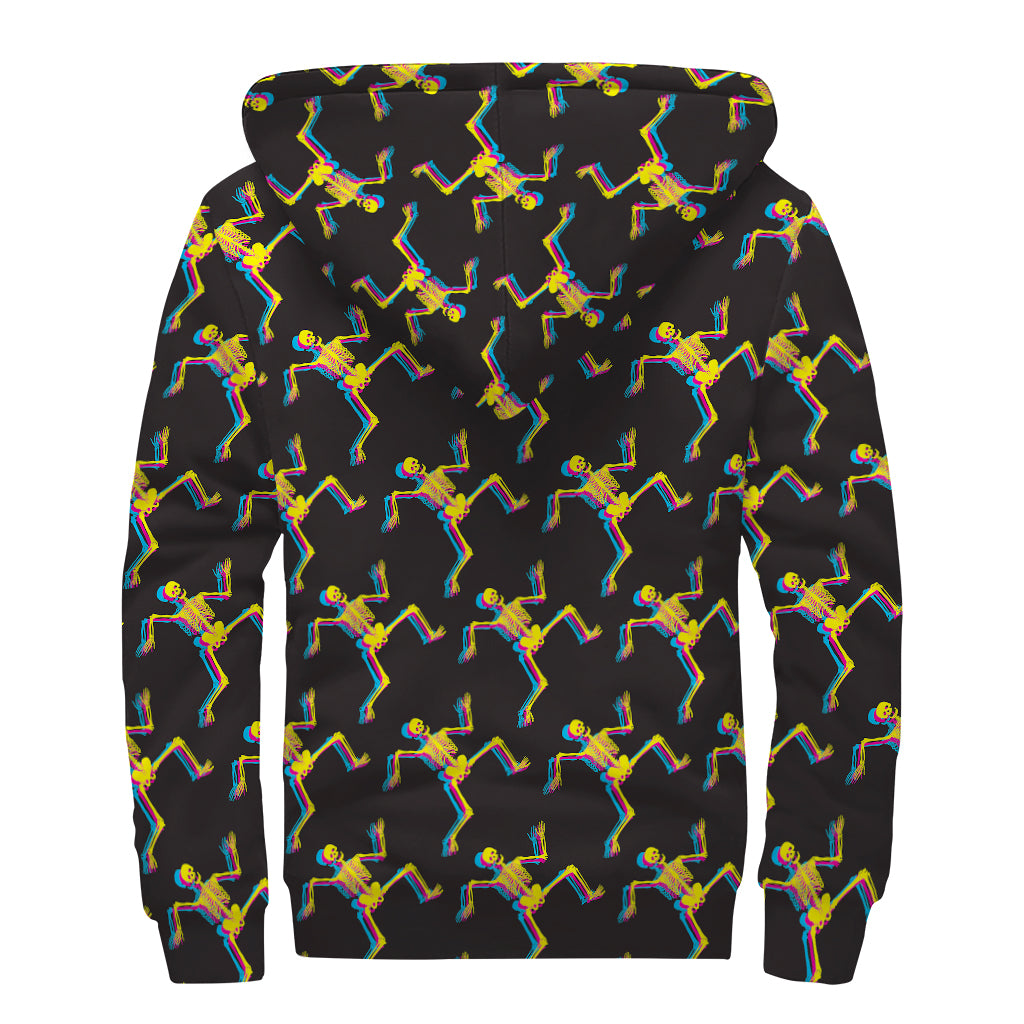 Trippy Dancing Skeleton Pattern Print Sherpa Lined Zip Up Hoodie