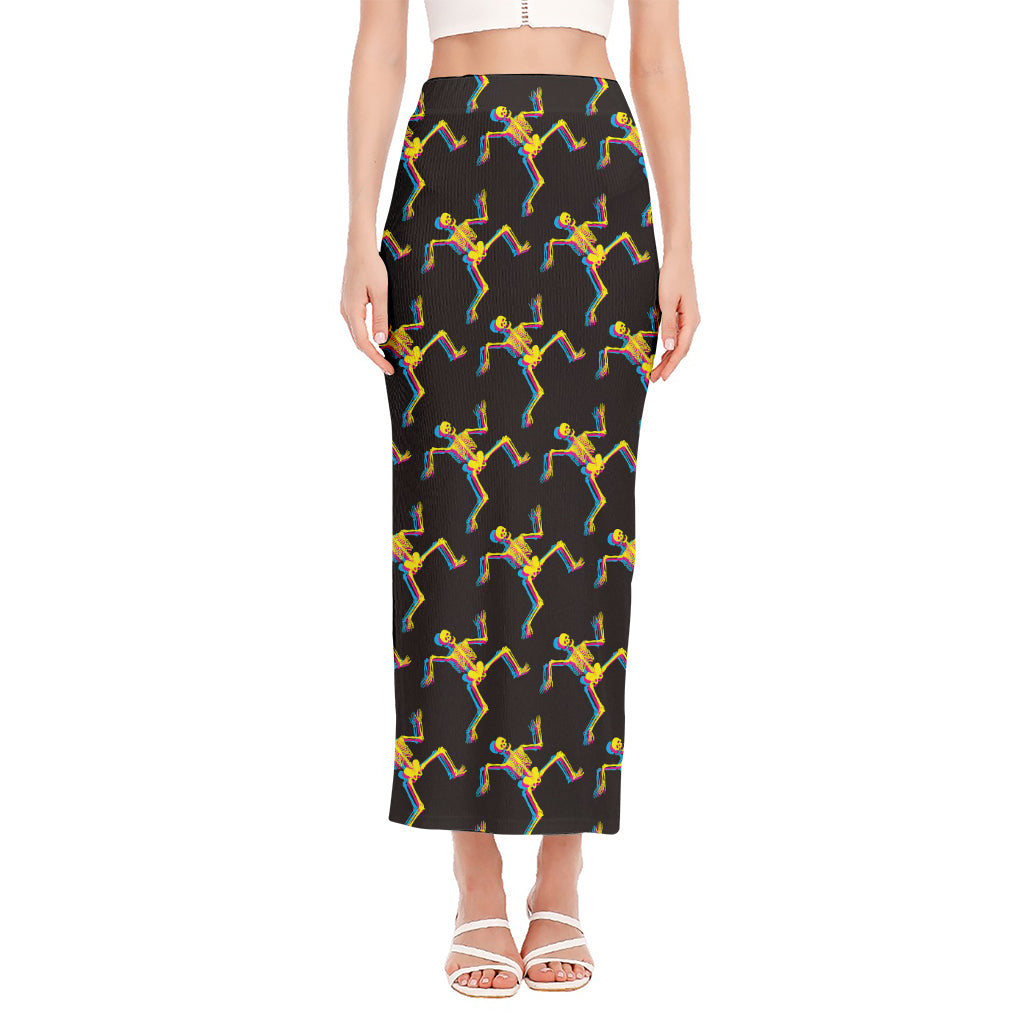 Trippy Dancing Skeleton Pattern Print Side Slit Maxi Skirt