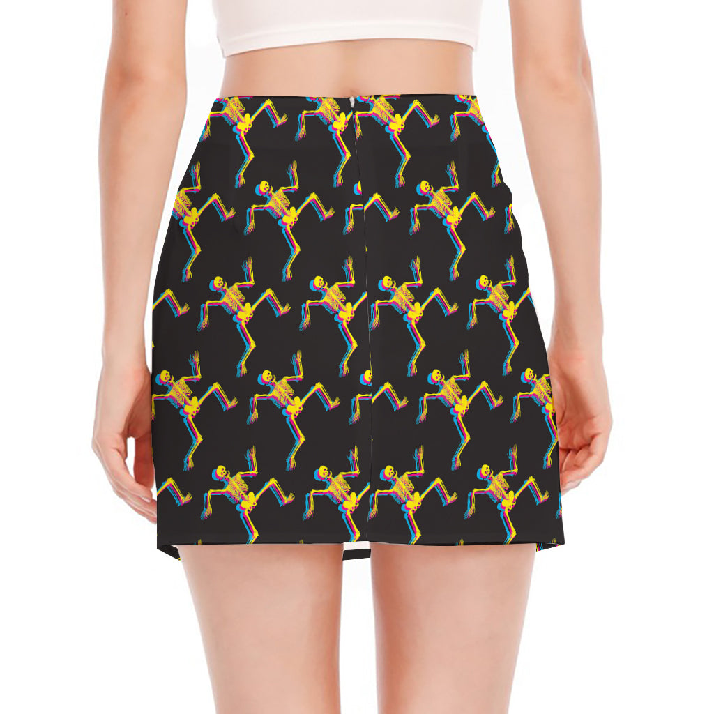 Trippy Dancing Skeleton Pattern Print Side Slit Mini Skirt