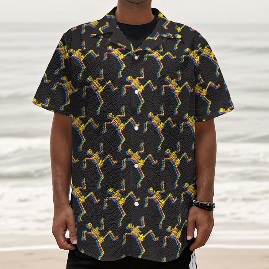 Trippy Dancing Skeleton Pattern Print Textured Short Sleeve Shirt