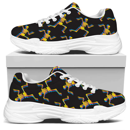 Trippy Dancing Skeleton Pattern Print White Chunky Shoes