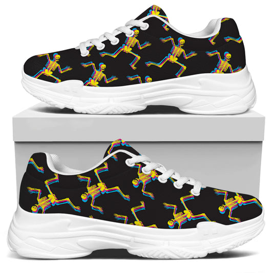 Trippy Dancing Skeleton Pattern Print White Chunky Shoes