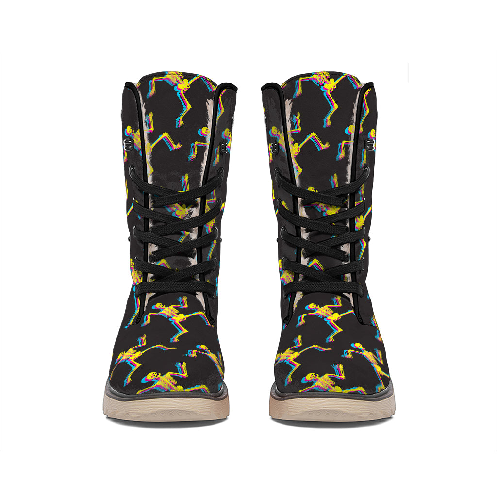 Trippy Dancing Skeleton Pattern Print Winter Boots