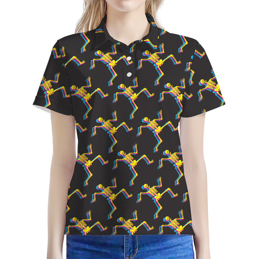 Trippy Dancing Skeleton Pattern Print Women's Polo Shirt