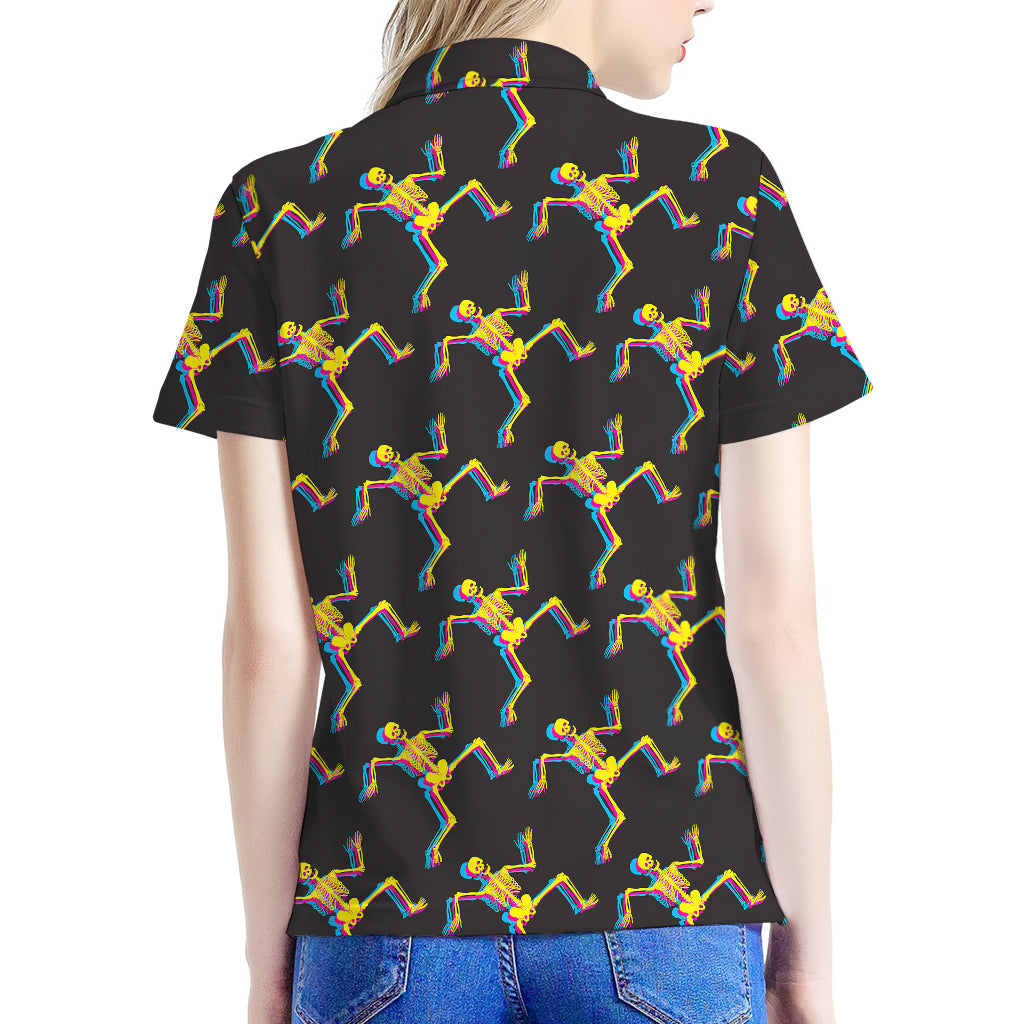 Trippy Dancing Skeleton Pattern Print Women's Polo Shirt