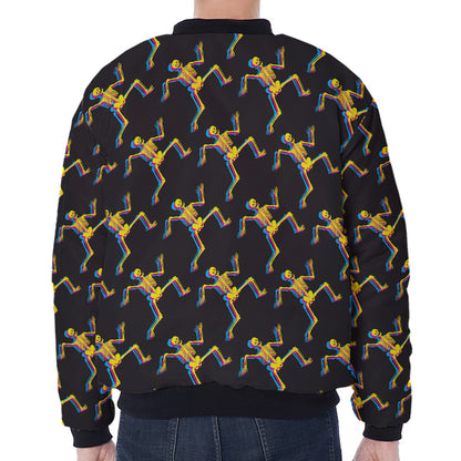 Trippy Dancing Skeleton Pattern Print Zip Sleeve Bomber Jacket