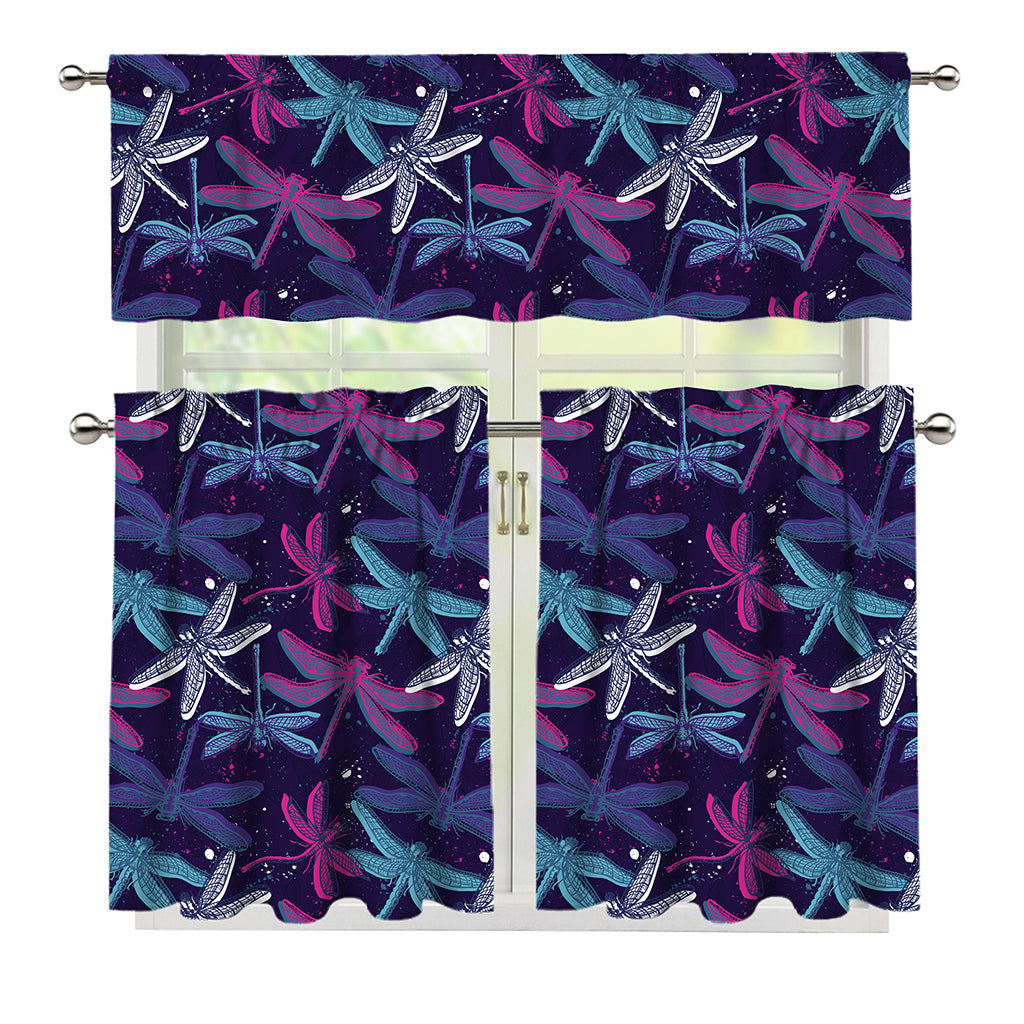Trippy Dragonfly Pattern Print 3 Piece Kitchen Curtains