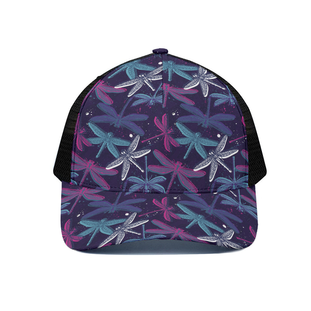 Trippy Dragonfly Pattern Print Black Mesh Trucker Cap