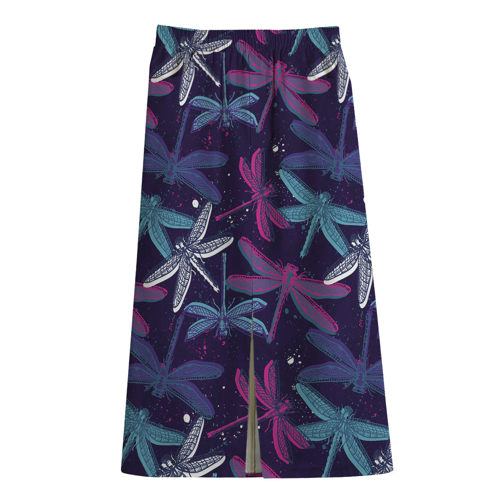 Trippy Dragonfly Pattern Print Cotton Front Slit Maxi Skirt