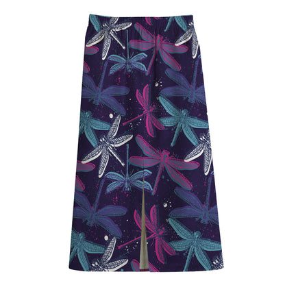 Trippy Dragonfly Pattern Print Cotton Front Slit Maxi Skirt