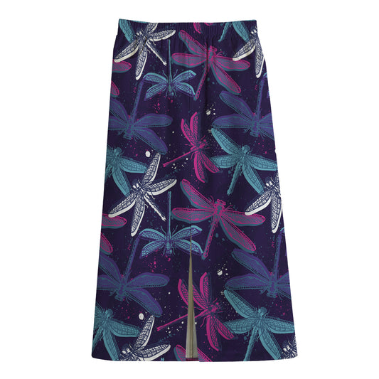 Trippy Dragonfly Pattern Print Cotton Front Slit Maxi Skirt