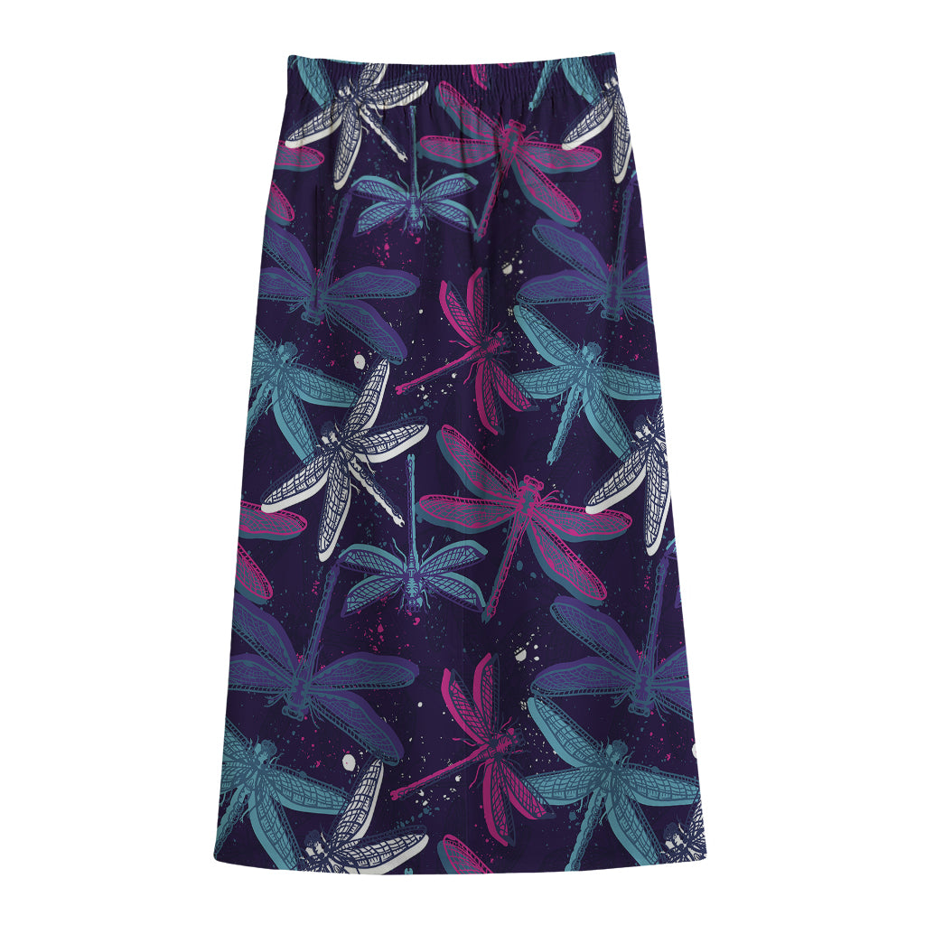 Trippy Dragonfly Pattern Print Cotton Front Slit Maxi Skirt