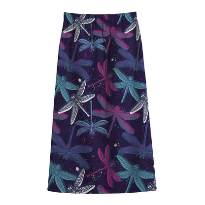Trippy Dragonfly Pattern Print Cotton Front Slit Maxi Skirt