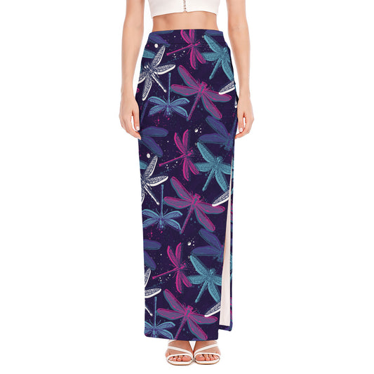 Trippy Dragonfly Pattern Print High Slit Maxi Skirt