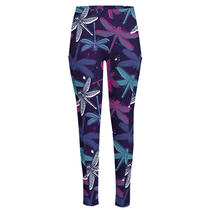Trippy Dragonfly Pattern Print High-Waisted Pocket Leggings
