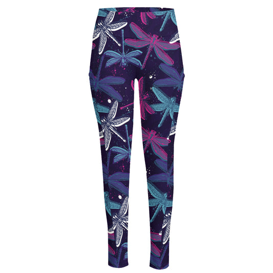 Trippy Dragonfly Pattern Print High-Waisted Pocket Leggings