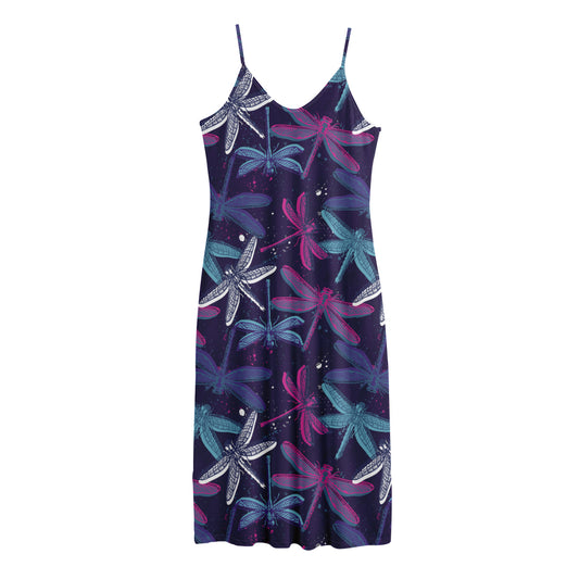 Trippy Dragonfly Pattern Print Jersey Midi Cami Dress
