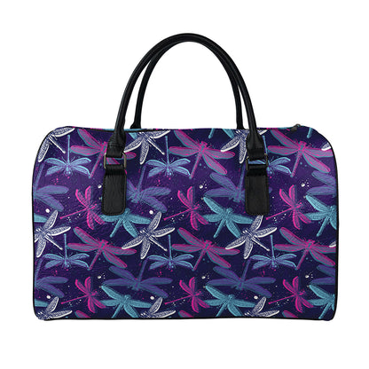 Trippy Dragonfly Pattern Print Leather Duffle Bag