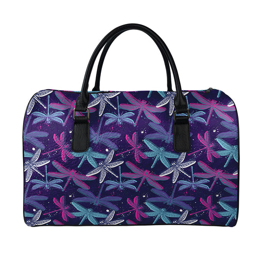 Trippy Dragonfly Pattern Print Leather Duffle Bag