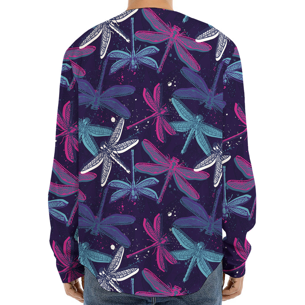 Trippy Dragonfly Pattern Print Long Sleeve Baseball Jersey