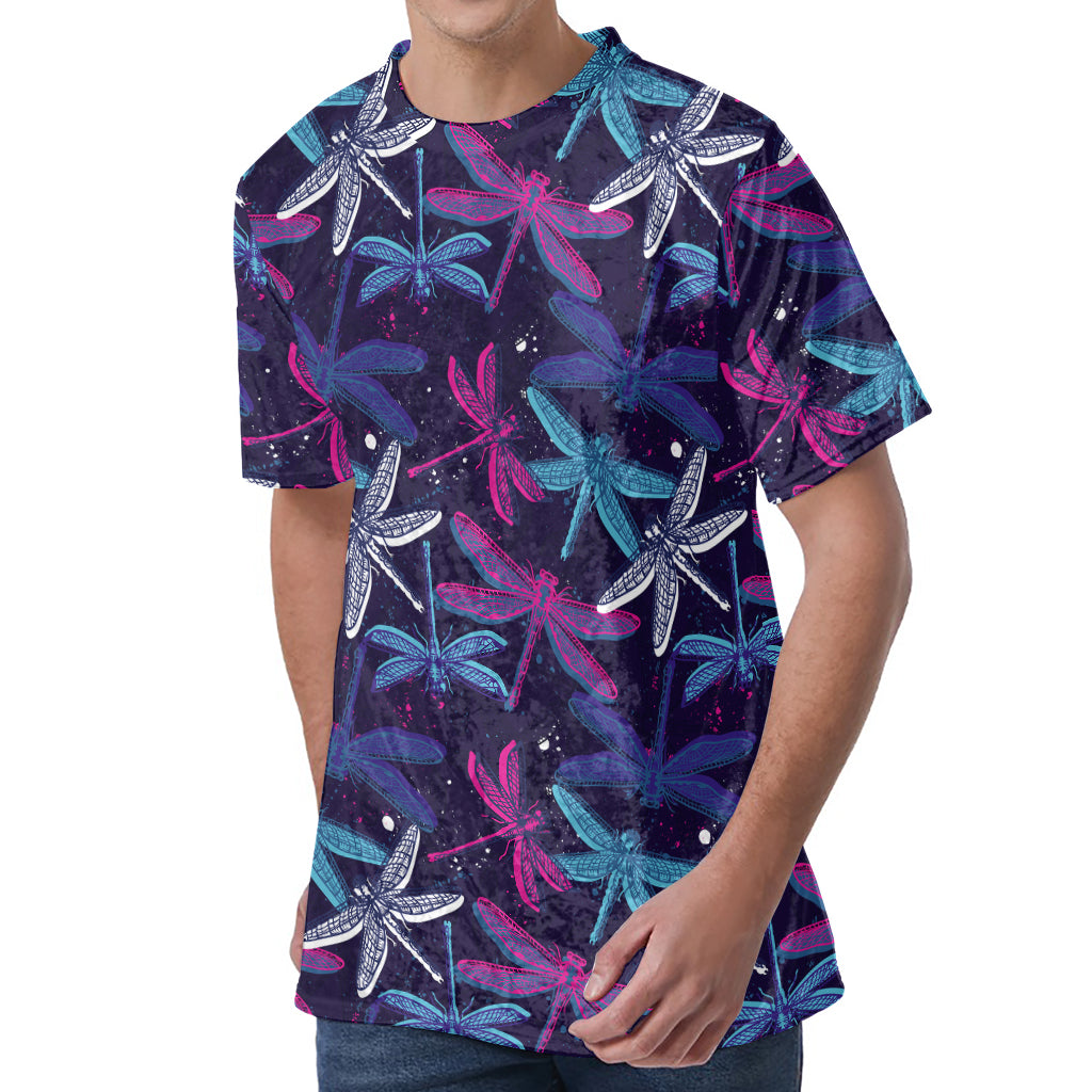Trippy Dragonfly Pattern Print Men's Velvet T-Shirt