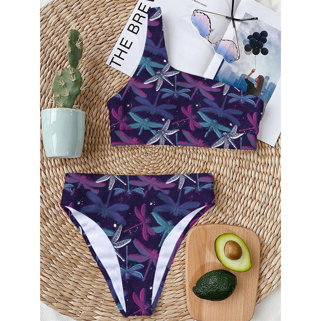 Trippy Dragonfly Pattern Print One Shoulder Bikini Top