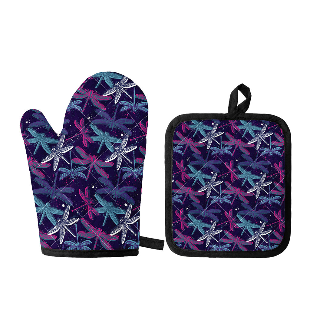 Trippy Dragonfly Pattern Print Oven Mitt And Pot Holder Set