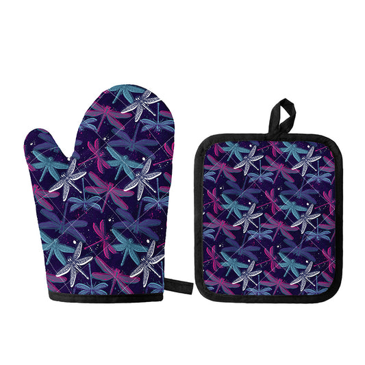 Trippy Dragonfly Pattern Print Oven Mitt And Pot Holder Set